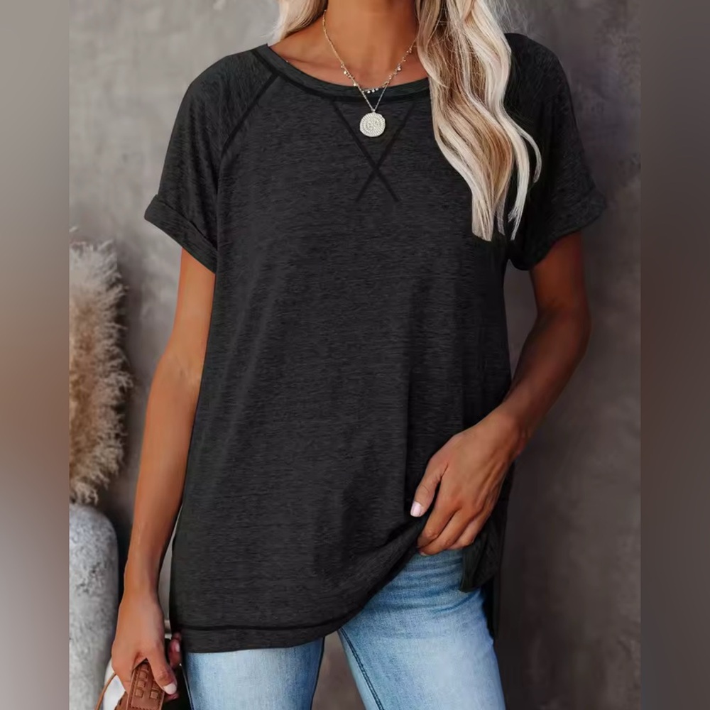 NEW Black Crewneck Cuffed Short Sleeve Tee w/ Side Slits